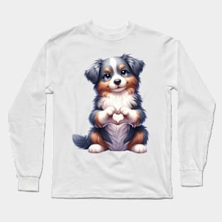 Valentine Australian Shepherd Dog Giving Heart Hand Sign Long Sleeve T-Shirt